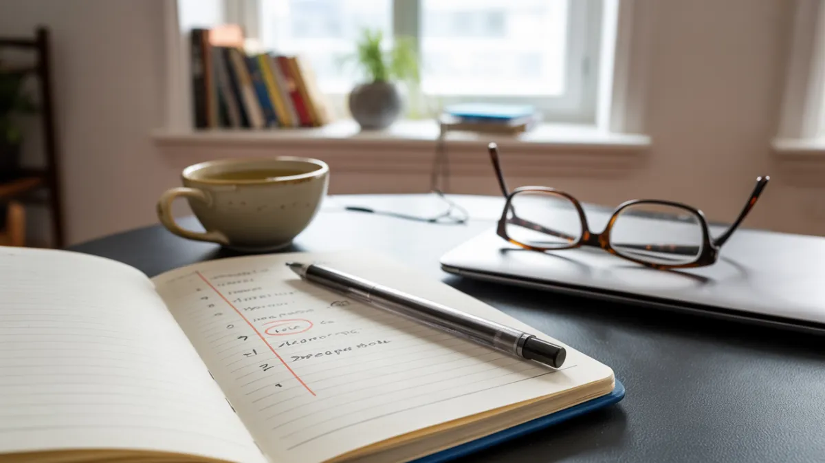 Open notebook on a home office desk with one item circled in red, a pen resting across the page, a half-full mug of tea, and glasses on a closed laptop. Natural light and a calm, reflective workspace.