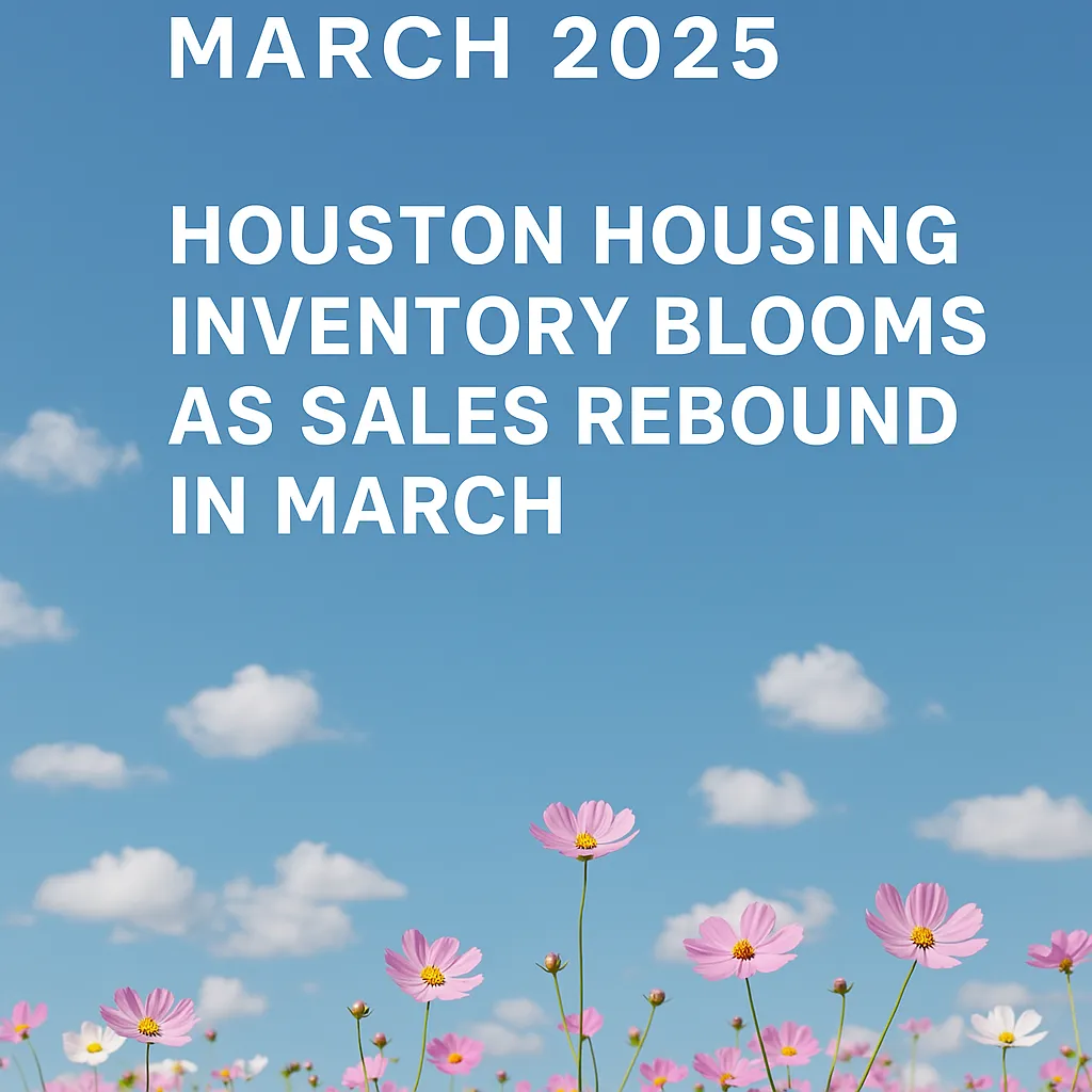 Digital cover image for the Houston March 2025 Housing Market Update, featuring a blooming spring neighborhood with modern homes, rising graph lines, and real estate icons symbolizing growth in inventory and sales.