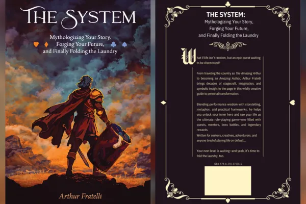Book cover for The System by Amazing Arthur. On the left it shows a knight in armor with a sword and laundry basket faces with his back towards the audience and in a steadfast pose. On the right shows the back cover with a description of the book.