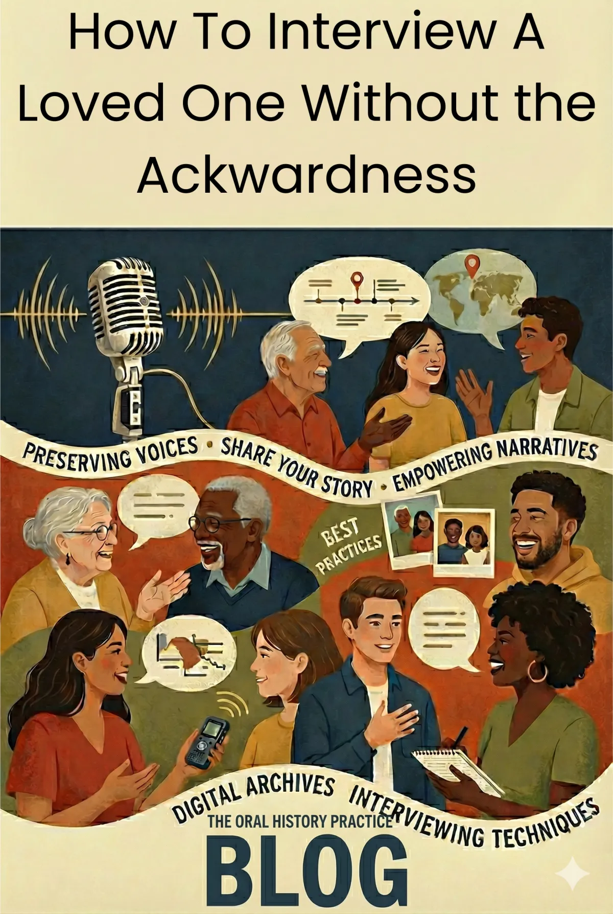 A smartphone on a table with a notebook and glass of water, set up to record a family interview.