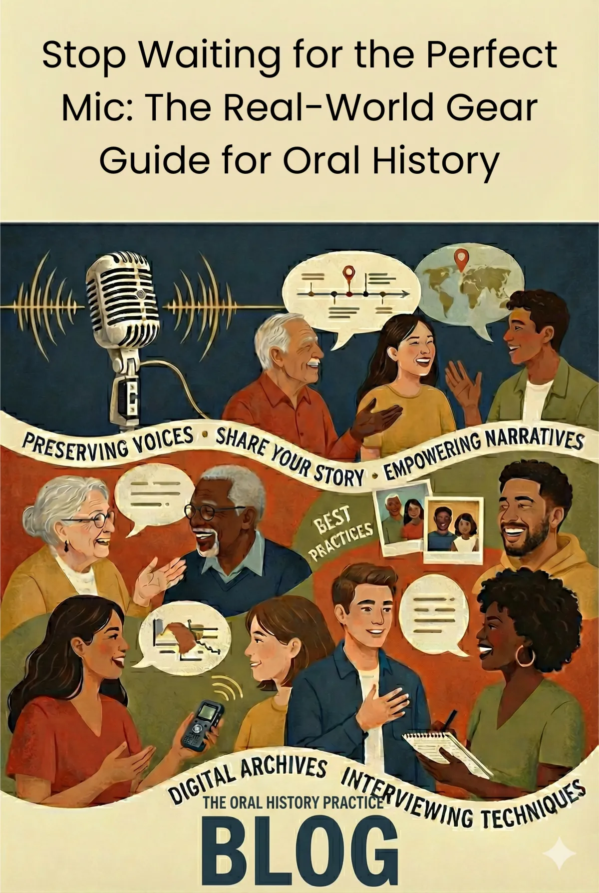 Color illustration showing people conducting oral history interviews with a microphone, speech bubbles, and banners reading ‘Preserving Voices’ and ‘Interviewing Techniques’ for The Oral History Practice blog.