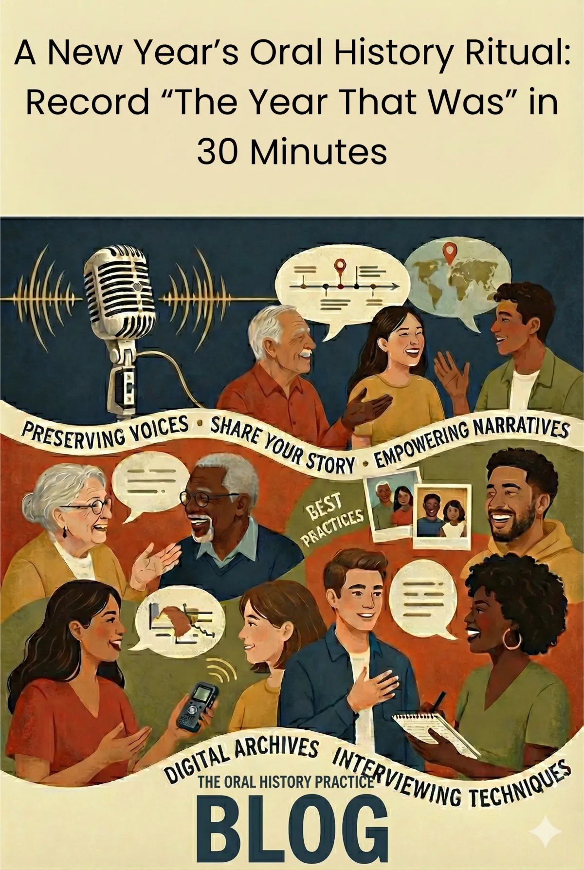 A blog post graphic titled "A New Year's Oral History Ritual: Record 'The Year That Was' in 30 Minutes". The illustration shows diverse people of different ages recording and sharing stories using microphones, smartphones, and notebooks. Ribbons with text connect them, reading "PRESERVING VOICES," "SHARE YOUR STORY," "EMPOWERING NARRATIVES," "BEST PRACTICES," and "DIGITAL ARCHIVES". The bottom text reads "THE ORAL HISTORY PRACTICE BLOG"