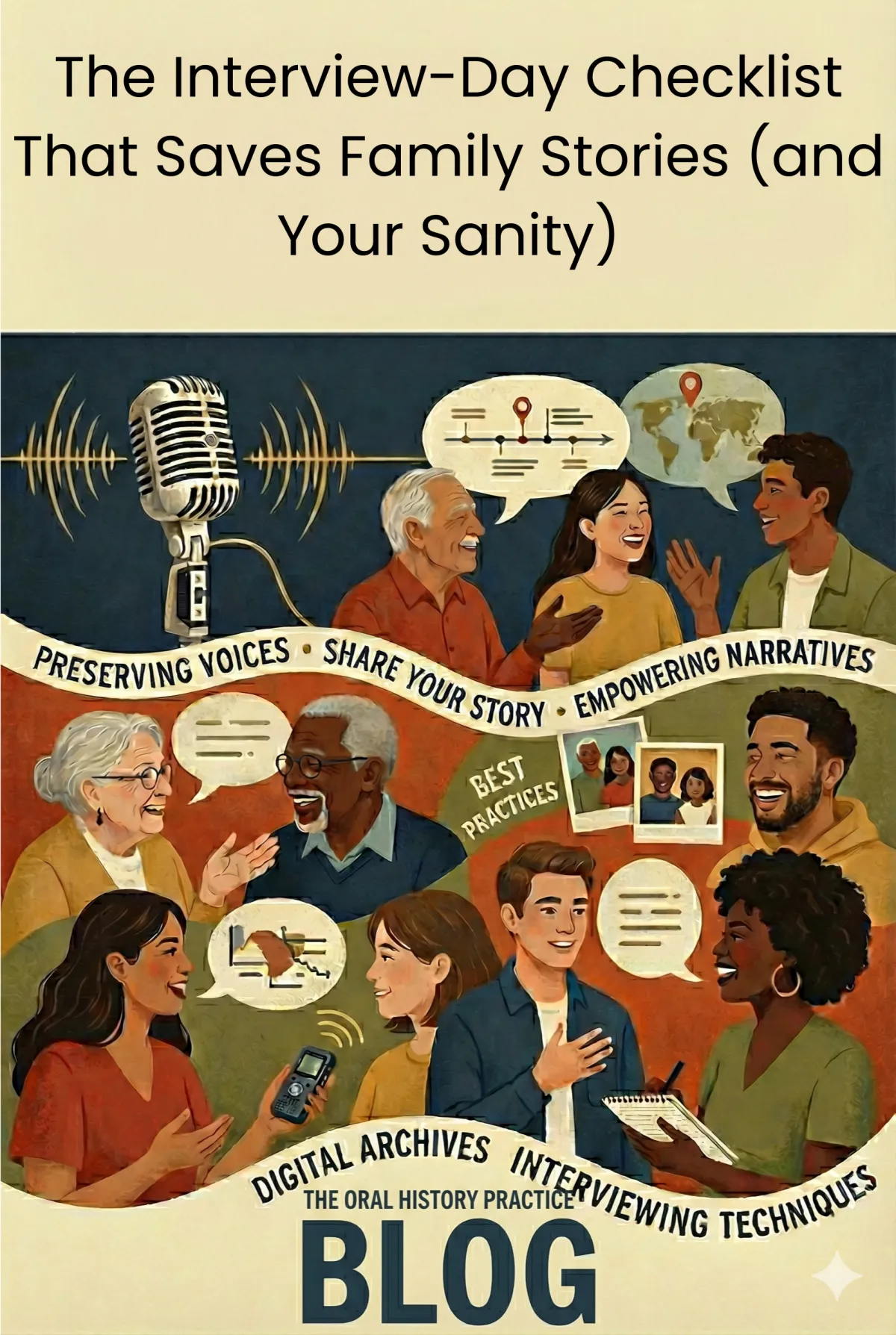 Illustration of a vintage microphone and diverse people sharing stories, representing family interviews, recording tech, and digital archives.