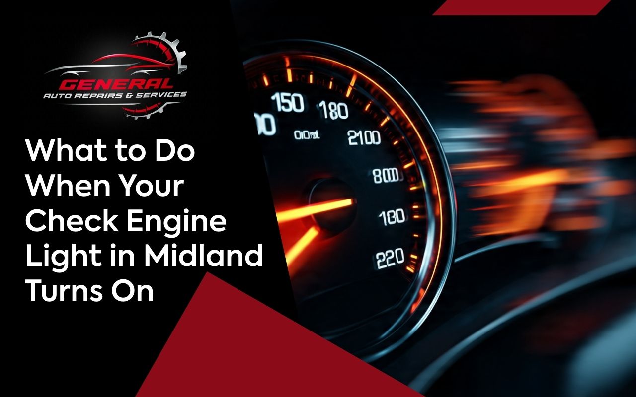 Dashboard close-up showing the Check Engine Light in Midland glowing while the car is running