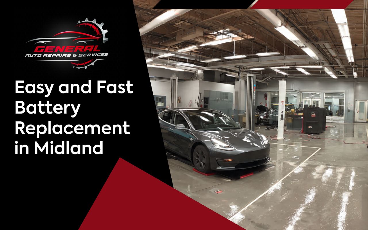 Battery Replacement in Midland performed in a clean service bay by General Auto Repair Services