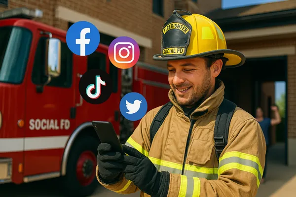  image features a firefighter in full gear smiling at a smartphone, with social media icons around him and a red "SOCIAL FD" fire truck in the background