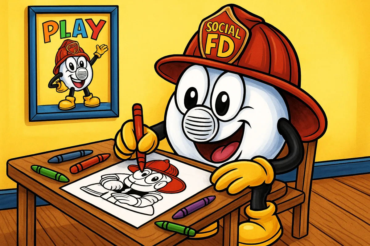 Smokey the Social FD mascot happily coloring a firefighter-themed page at a table with crayons scattered around. A framed poster on the wall behind him says “PLAY” and features Smokey striking a fun pose.