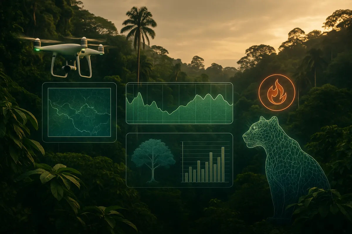 An AI-powered drone monitors a vibrant regenerating forest in the Maya Biosphere, with hints of blockchain visual overlays and robotic tools at work