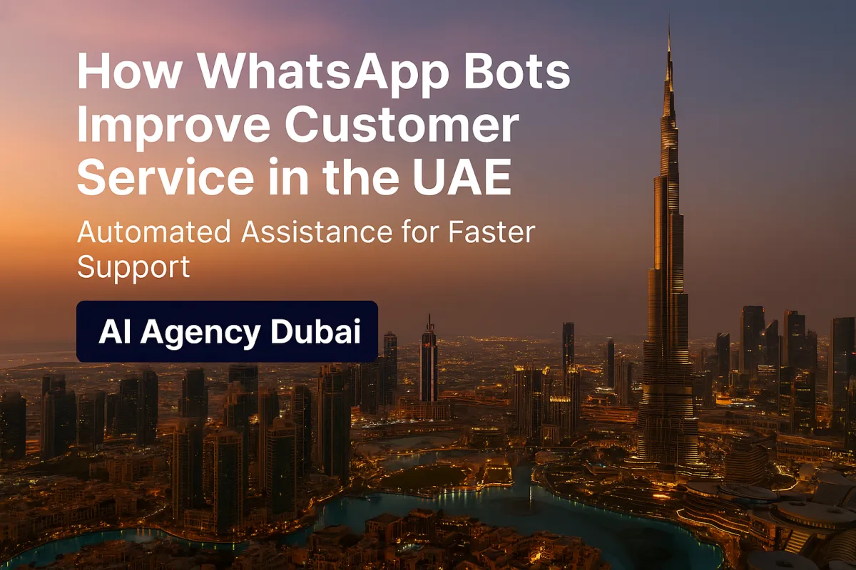 Dubai skyline with modern digital overlay and title “How WhatsApp Bots Improve Customer Service in the UAE.”