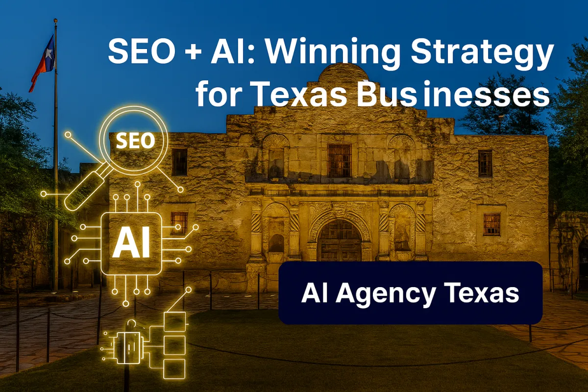 : Famous Texas skyline with Reunion Tower visible, overlaid with the title “SEO + AI: Winning Strategy for Texas Businesses” and a dark button labeled “AI Agency Texas