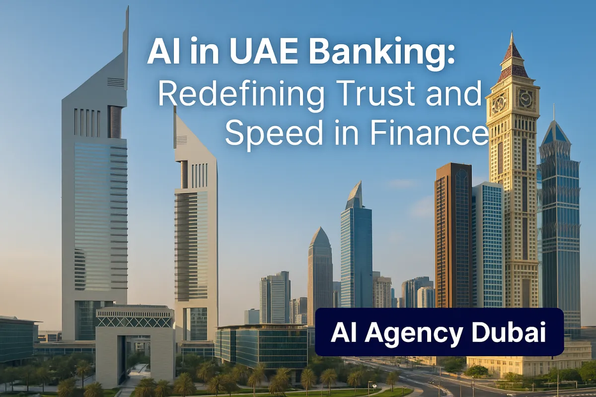 Dubai financial district skyline with modern skyscrapers, overlaid with the title “AI in UAE Banking: Redefining Trust and Speed in Finance.”  SEO Keywords: