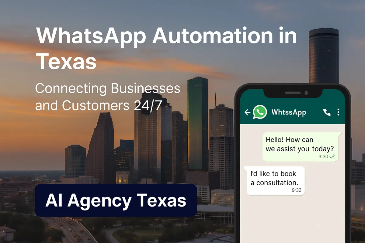Houston skyline with WhatsApp chat interface overlay, featuring the title “WhatsApp Automation in Texas: Connecting Businesses and Customers 24/7
