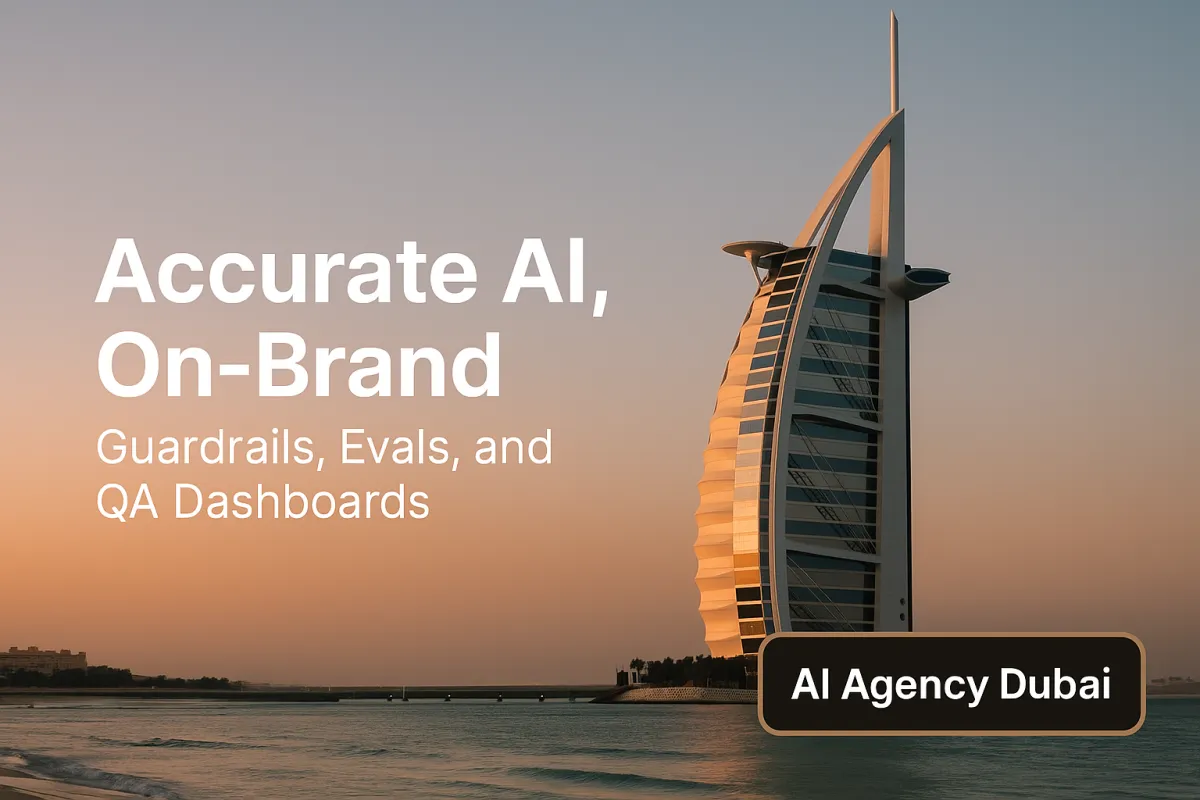 Burj Al Arab in Dubai at sunset, with soft golden light over the sea and sky, overlaid with white text reading “Accurate AI, On-Brand: Guardrails, Evals, and QA Dashboards” and a dark button labeled “AI Agency Dubai.”