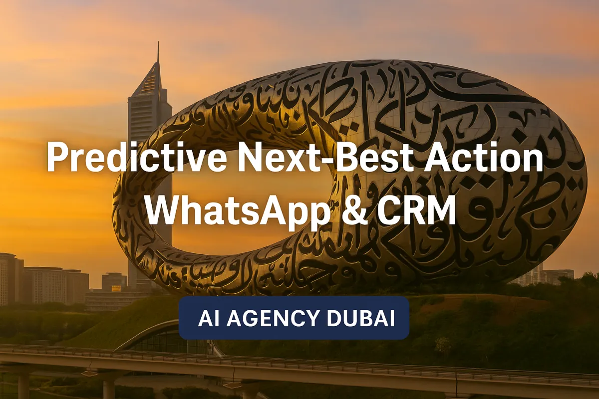 Dubai’s Museum of the Future illuminated at sunset with bold white text reading “Predictive Next-Best Action on WhatsApp & CRM” and a dark call-to-action button labeled “AI Agency Dubai.”