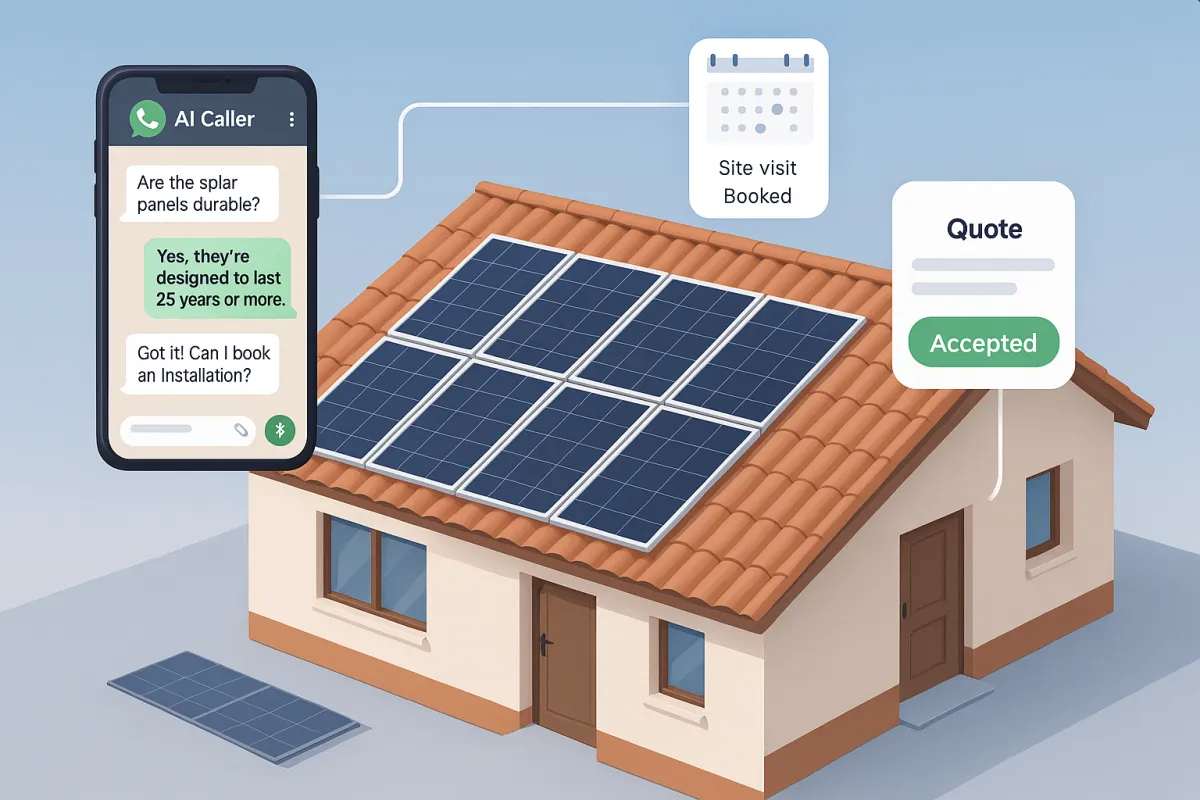House with rooftop solar panels and floating WhatsApp chat, calendar and quote cards representing AI employees managing solar leads and installs.