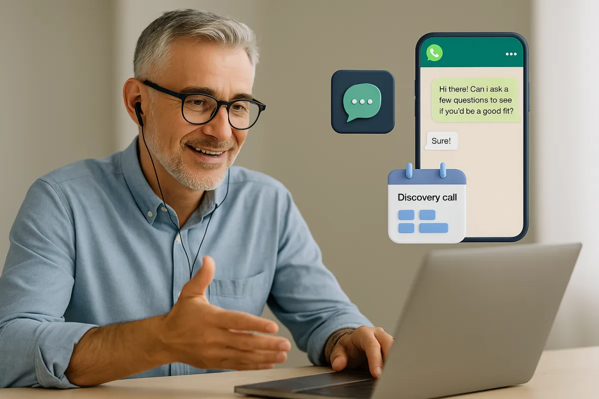 Coach on a video session while AI WhatsApp chat and calendar widgets handle new leads and discovery call bookings in the background.