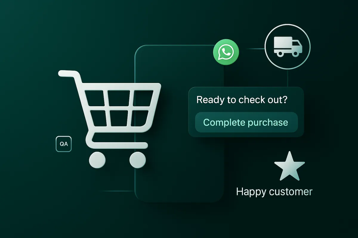 Online shopping cart with AI WhatsApp chat reminder, delivery status icon and review star showing AI employees boosting e-commerce revenue and support.