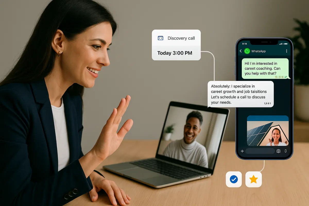Coach on a video session while AI WhatsApp chat and calendar widgets handle new leads and discovery call bookings in the background.
