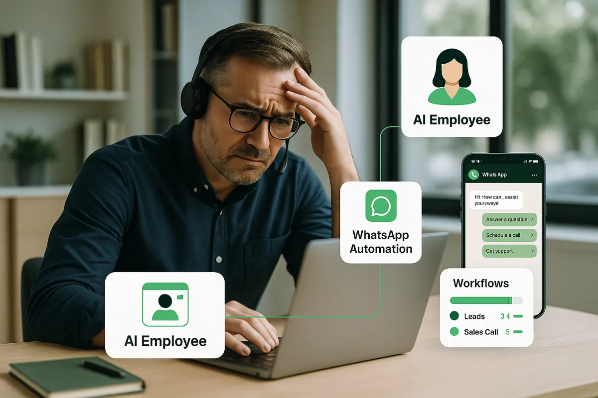 Overwhelmed business owner at a laptop in a modern office, surrounded by floating UI cards for AI employees, WhatsApp automation and CRM workflows, symbolising AI helping run the business.