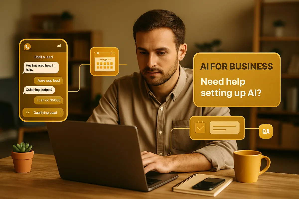 Focused businessman working on a laptop in a warm gold-toned office, surrounded by floating golden UI panels for chats, calendar and workflows, symbolising AI for business setup in Dubai.