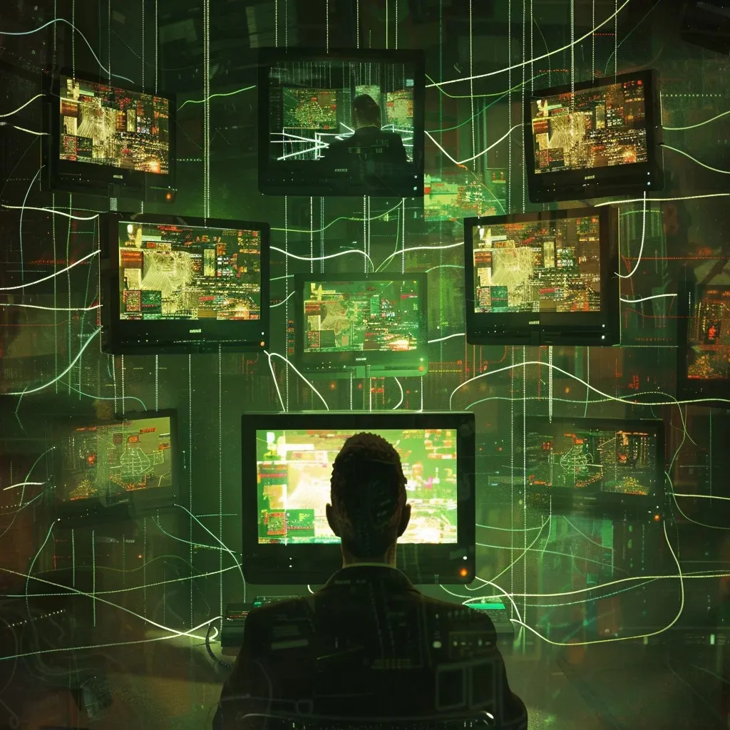 A cybersecurity expert monitors multiple screens displaying complex data, digital maps, and network connections in a dark, high-tech control room with a green futuristic interface.