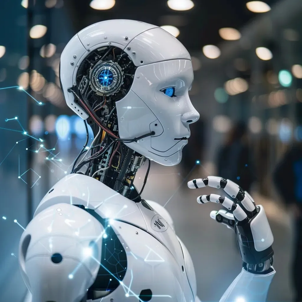 A futuristic humanoid robot with a sleek white design, exposed mechanical components, and glowing blue eyes, representing advanced AI technology and automation.