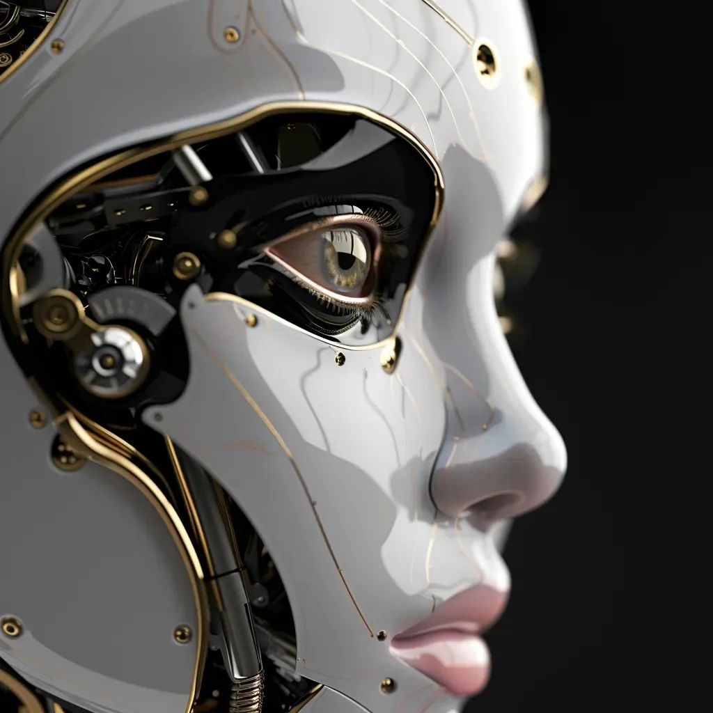 A futuristic humanoid robot with a sleek white and gold design, revealing intricate mechanical components beneath its surface, symbolizing advanced AI technology and automation.