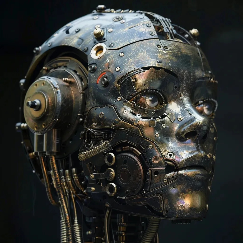 A futuristic AI-powered humanoid robot with intricate mechanical components, representing advanced artificial intelligence and automation in customer engagement.