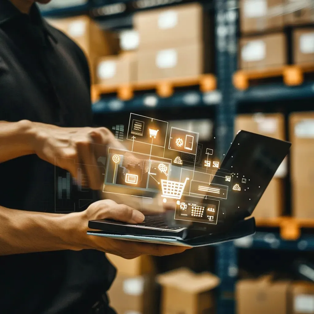 A business professional using a laptop in a warehouse, with digital shopping and subscription icons floating, representing the rise of the subscription economy in e-commerce and business automation.