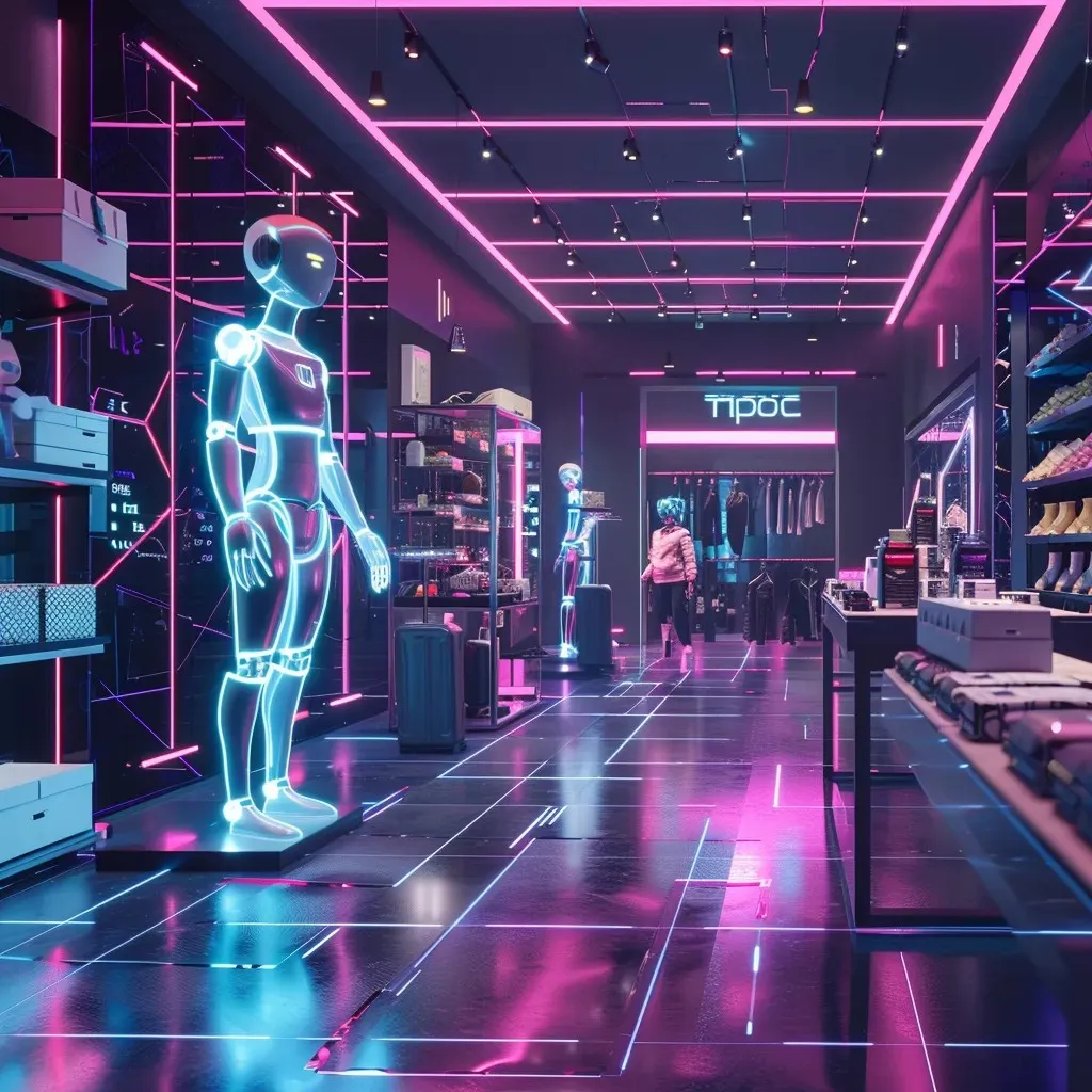 A futuristic retail store with AI-powered robots and neon lighting, showcasing how technology is revolutionizing shopping experiences and the future of e-commerce.