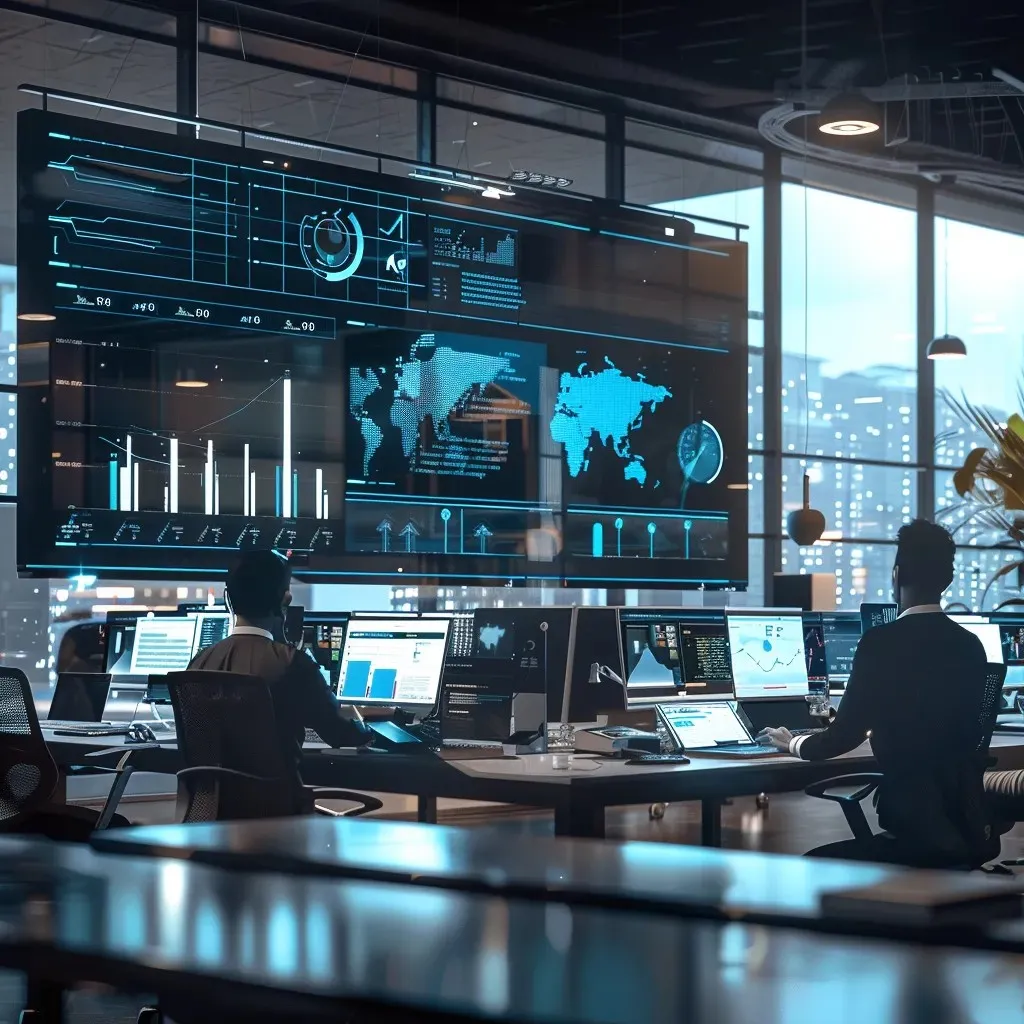 A modern office with professionals using AI-powered business tools. A large screen shows data analytics and automation workflows. The scene is realistic, high-quality, and futuristic.