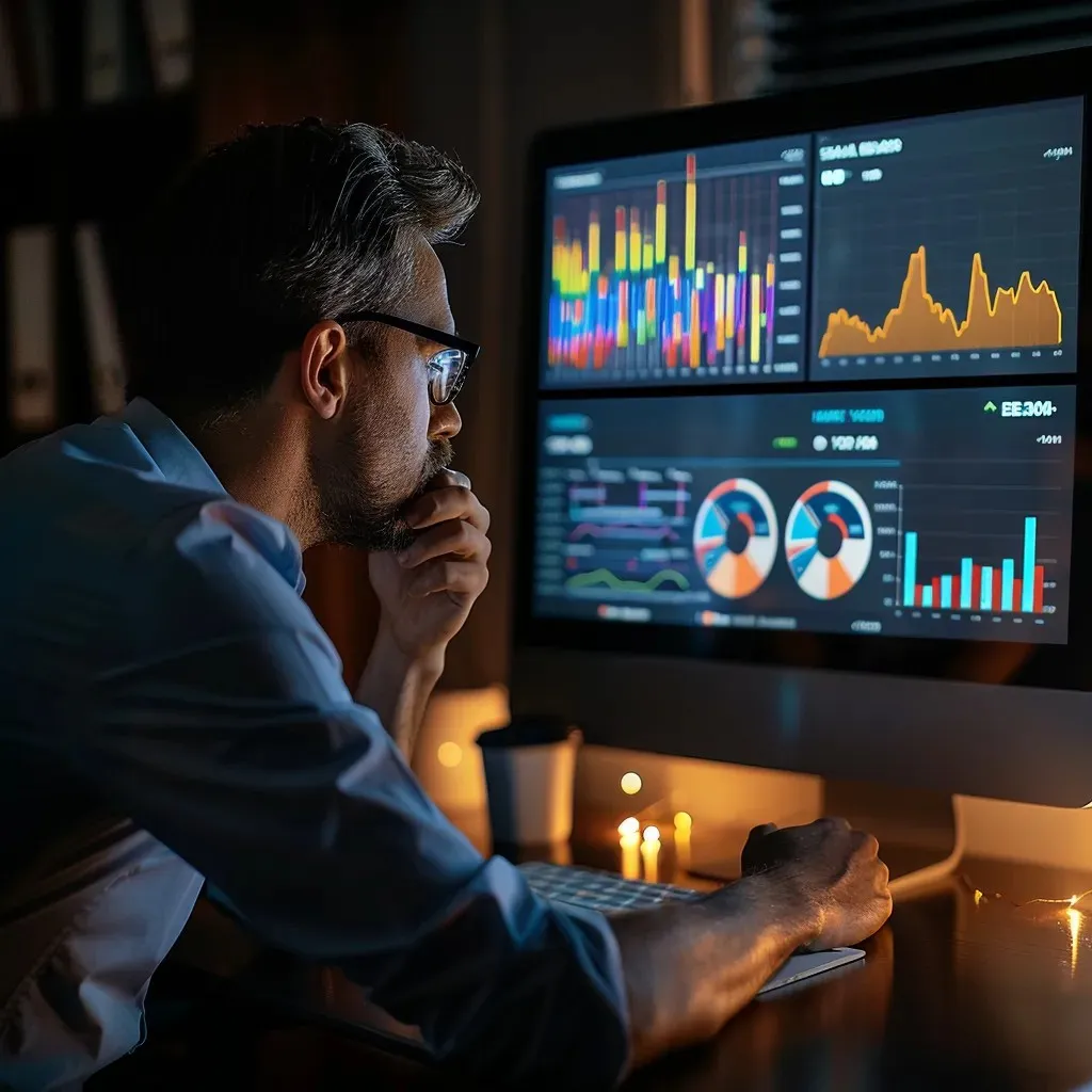 A business owner analyzing a digital marketing dashboard with rising graphs for SEO, PPC, social media, and email marketing. A ‘Scale Your Business’ message with glowing success metrics and increasing customer engagement.