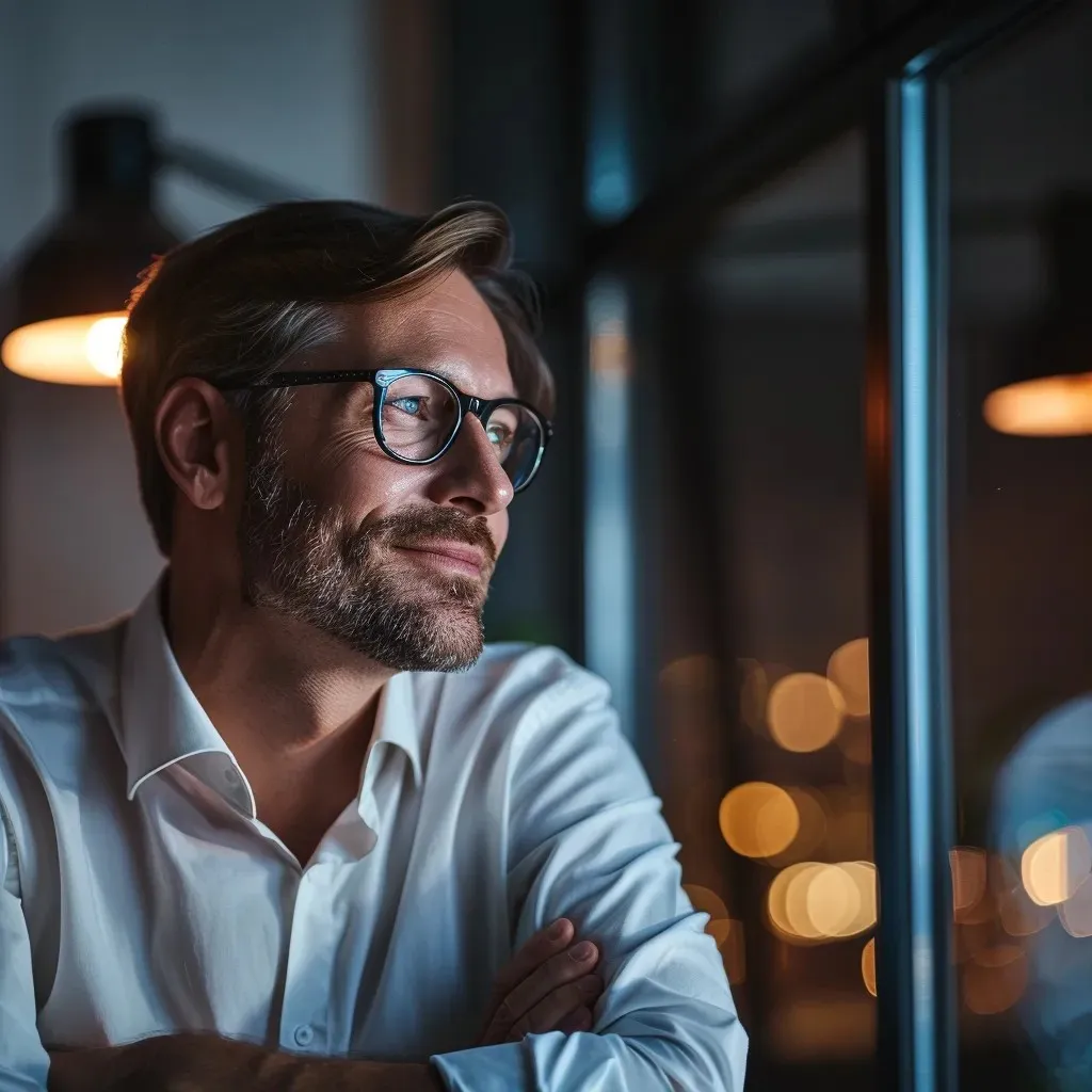 Confident middle-aged man in glasses looking thoughtfully out a window at night, with warm ambient lighting in the background — representing strategic thinking, leadership, and business vision.