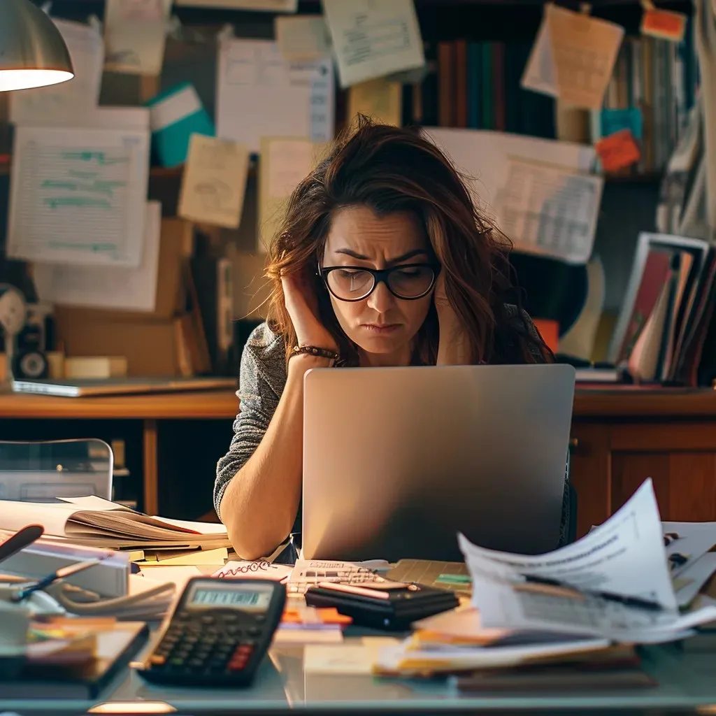 Stressed small business owner surrounded by website templates, broken design elements, and error messages on a laptop screen, with a calculator and unpaid bills nearby in a cluttered home office.