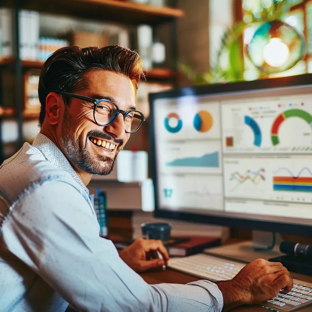 Local business owner smiling while reviewing customer data and automated marketing tasks on a CRM dashboard, with visuals of growing charts, follow-up reminders, and workflow automations running in the background.