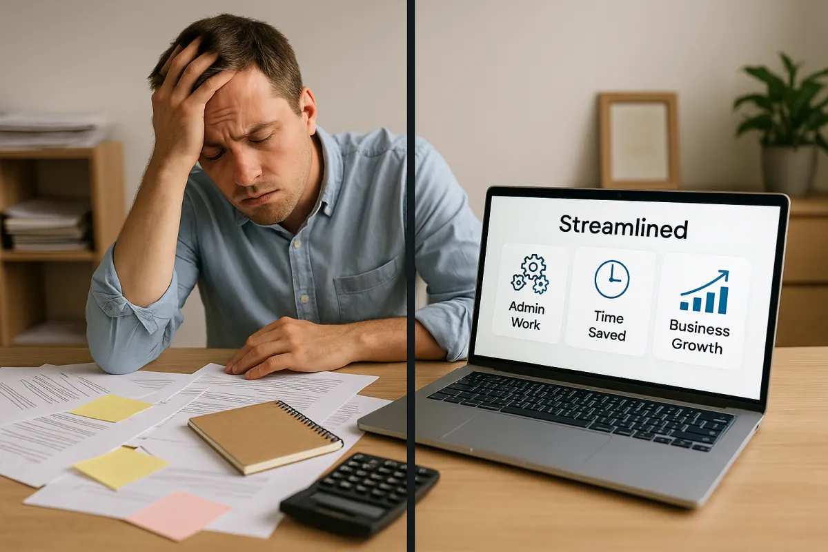 Small business owner buried in paperwork and repetitive tasks, next to a streamlined system automating admin work, showing time saved and business growth.