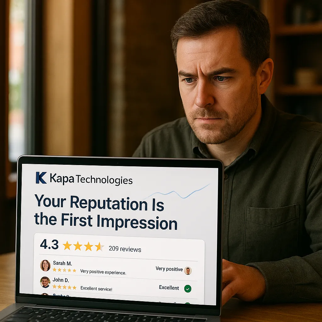 Man viewing business reviews on laptop with “Your Reputation Is the First Impression” on screen.