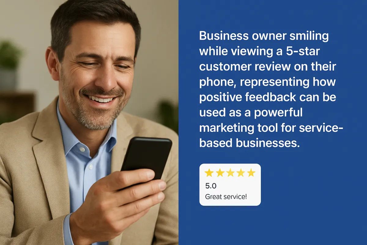 Business owner smiling while viewing a 5-star customer review on their phone, representing how positive feedback can be used as a powerful marketing tool for service-based businesses.