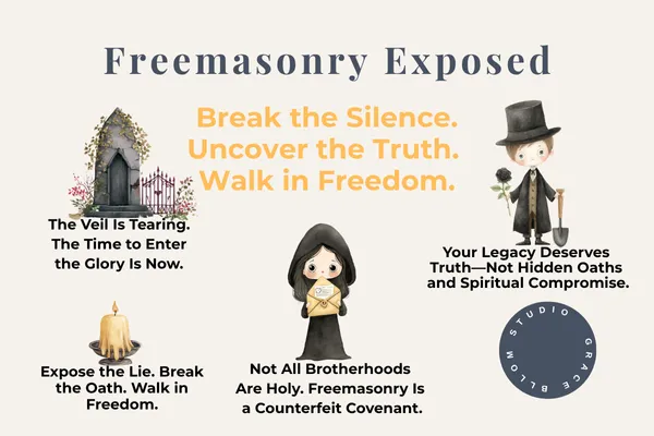 Freemasonry Exposed” graphic with bold phrases like “Break the Silence. Uncover the Truth. Walk in Freedom.” Includes symbolic illustrations and calls to action revealing the spiritual dangers of Freemasonry from a biblical perspective.