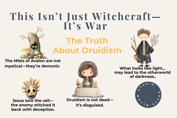 "Infographic titled ‘This Isn’t Just Witchcraft—It’s War’ warning Christian moms about the dangers of Druidism. Includes phrases like ‘The Mists of Avalon are not mystical—they’re demonic’ and ‘Jesus tore the veil—the enemy stitched it back with deception,’ surrounded by cartoon-style forest characters representing spiritual deception