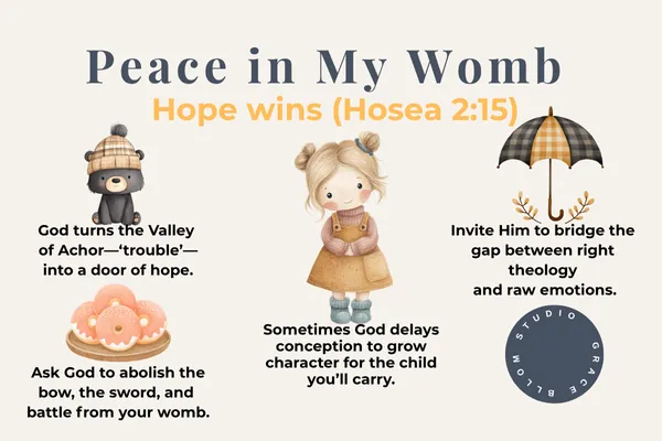 Alt text: Neutral-beige graphic titled “Peace in My Womb” with subtitle “Hope wins (Hosea 2:15).” Cute bear in knit hat, flower, little girl, and umbrella icons frame four quotes: “God turns the Valley of Achor—‘trouble’—into a door of hope.” “Ask God to abolish the bow, the sword, and battle from your womb.” “Sometimes God delays conception to grow character for the child you’ll carry.” “Invite Him to bridge the gap between right theology and raw emotions.” Bottom right shows a round “Studio Grace Bloom” logo.
