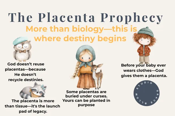 Image titled “The Placenta Prophecy” with the subtitle “More than biology—this is where destiny begins.” Features four illustrated children with quotes about the spiritual significance of the placenta. Quotes include:  “God doesn’t reuse placentas—because He doesn’t recycle destinies.”  “The placenta is more than tissue—it’s the launch pad of legacy.”  “Some placentas are buried under curses. Yours can be planted in purpose.”  “Before your baby ever wears clothes—God gives them a placenta.” Includes logo: Grace Bloom Studio.