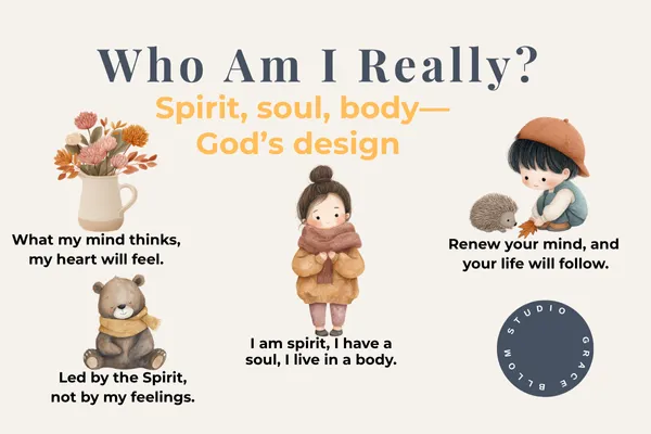 Christian kids’ illustration graphic with the title “Who Am I Really?” and subtitle “Spirit, soul, body—God’s design” in the center. Cute pastel drawings show a girl in a coat, a teddy bear, a boy with a hedgehog, and a vase of flowers, each next to short faith quotes: “What my mind thinks, my heart will feel.” “I am spirit, I have a soul, I live in a body.” “Renew your mind, and your life will follow.” and “Led by the Spirit, not by my feelings.” A round logo at the bottom right reads “Studio Grace Bloom.”