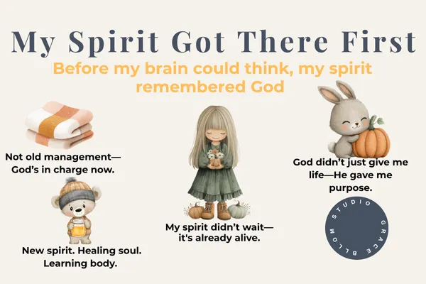 Graphic titled “My Spirit Got There First” featuring four faith-based quotes about spiritual rebirth and identity in Christ. Includes illustrations of a folded blanket, a teddy bear, a praying girl, and a bunny with a pumpkin. The quotes emphasize being born again, spiritual awakening, and God's leadership.