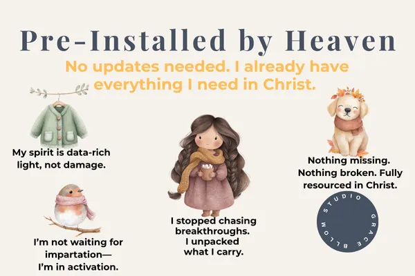 Christian inspirational graphic with the heading “Pre-Installed by Heaven” and subheading “No updates needed. I already have everything I need in Christ,” surrounded by cute pastel illustrations of a coat, bird, girl, and dog, each paired with short faith-based quotes about being fully resourced, activated, and whole in Christ, with a small circular “Studio Grace Bloom” logo in the corner.