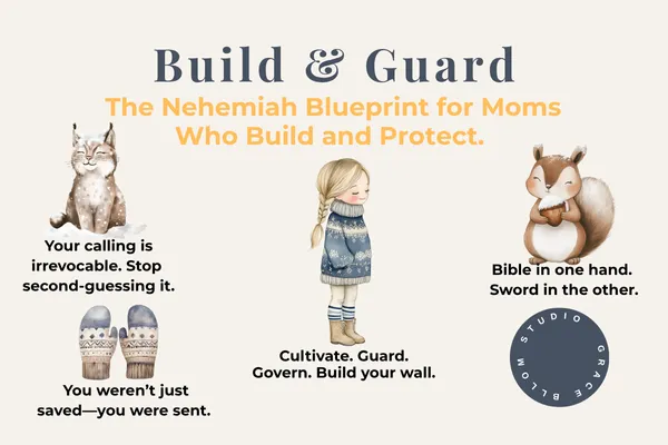 Illustration of a winter-themed graphic titled “Build & Guard: The Nehemiah Blueprint for Moms Who Build and Protect,” featuring Bible-based affirmations for Christian mothers, surrounded by cute woodland animals and faith-filled quotes about calling, purpose, and spiritual parenting.