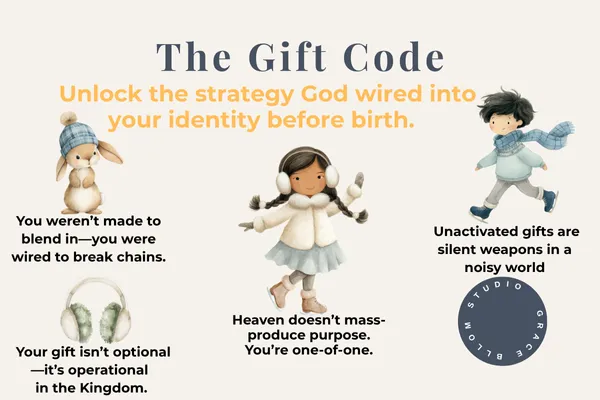 Graphic titled ‘The Gift Code’ with the subtitle ‘Unlock the strategy God wired into your identity before birth.’ Includes four bold quotes about spiritual gifts, surrounded by winter-themed illustrations of children and animals. Quotes read: ‘You weren’t made to blend in—you were wired to break chains,’ ‘Your gift isn’t optional—it’s operational in the Kingdom,’ ‘Heaven doesn’t mass-produce purpose. You’re one-of-one,’ and ‘Unactivated gifts are silent weapons in a noisy world.