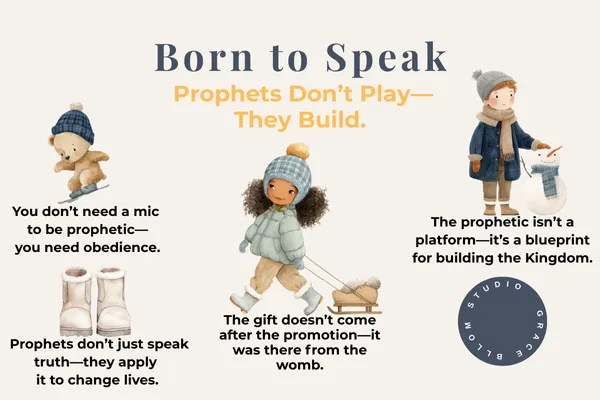 Illustrated graphic with three winter-dressed children and quotes about the prophetic gift. Title reads “Born to Speak – Prophets Don’t Play, They Build.” Quotes include: “You don’t need a mic to be prophetic—you need obedience,” “Prophets don’t just speak truth—they apply it to change lives,” “The gift doesn’t come after the promotion—it was there from the womb,” and “The prophetic isn’t a platform—it’s a blueprint for building the Kingdom.” Studio Graced Bloom logo in the corner.