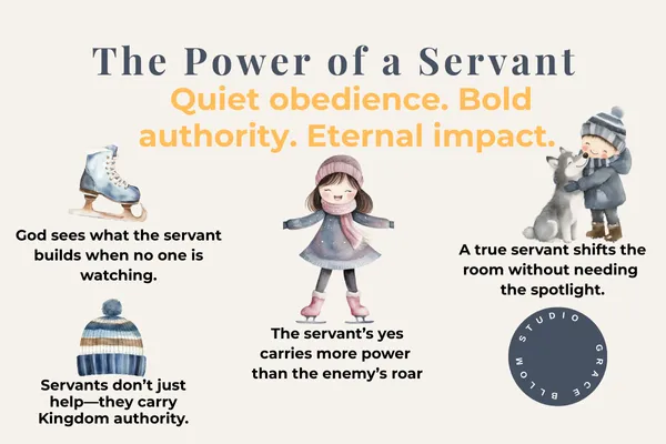 Christian servant leadership graphic featuring winter-themed illustrations and quotes about the power of a servant. Central message: ‘The Power of a Servant – Quiet obedience. Bold authority. Eternal impact.’ Includes faith-based affirmations about Kingdom authority and hidden obedience