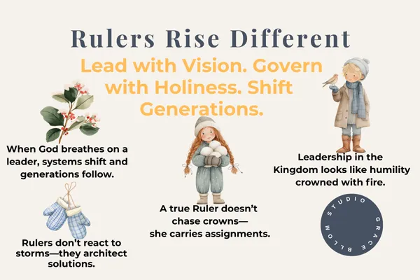 Inspirational graphic for faith-based leaders with the title 'Rulers Rise Different' and quotes about Kingdom leadership, featuring illustrated children and nature elements